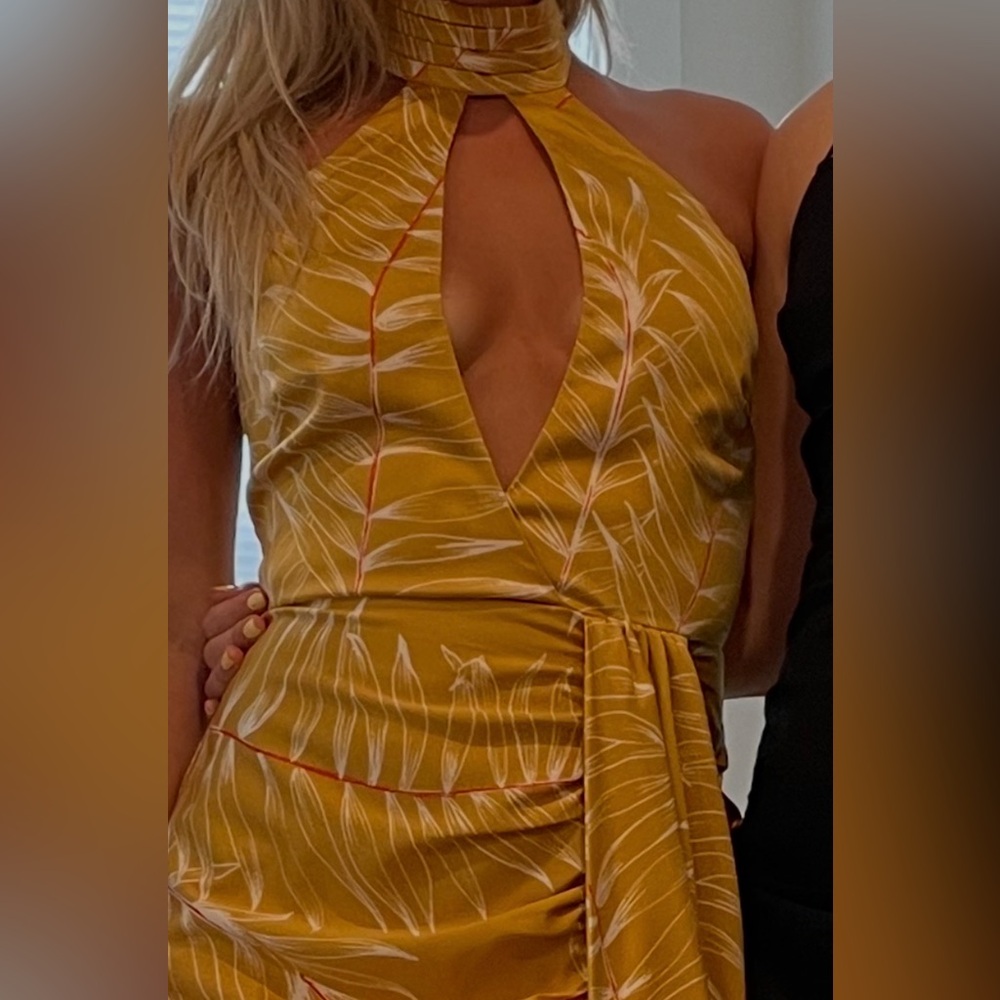 Camila Coelho Yellow Halter Dress with White Leaf Print